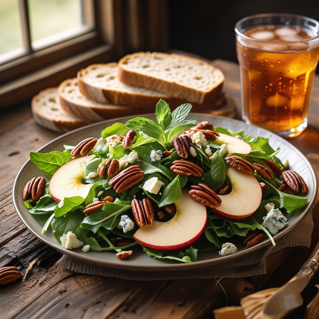 A beautifully plated apple pecan salad on a wooden table, next to a glass of iced tea and a side of whole-grain bread.