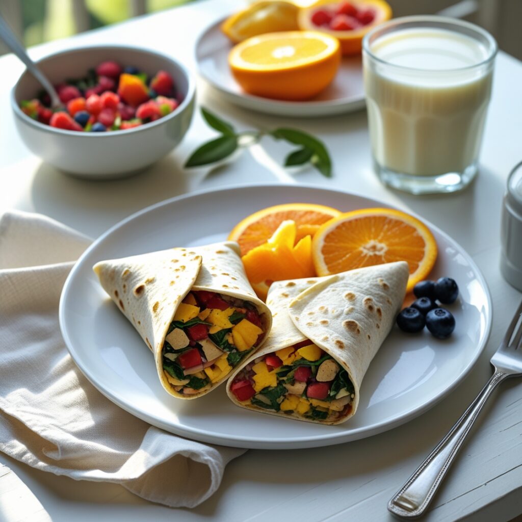 Quick breakfast burrito recipe on a plate with salsa, served with fruit and milk on a bright breakfast table with coffee.