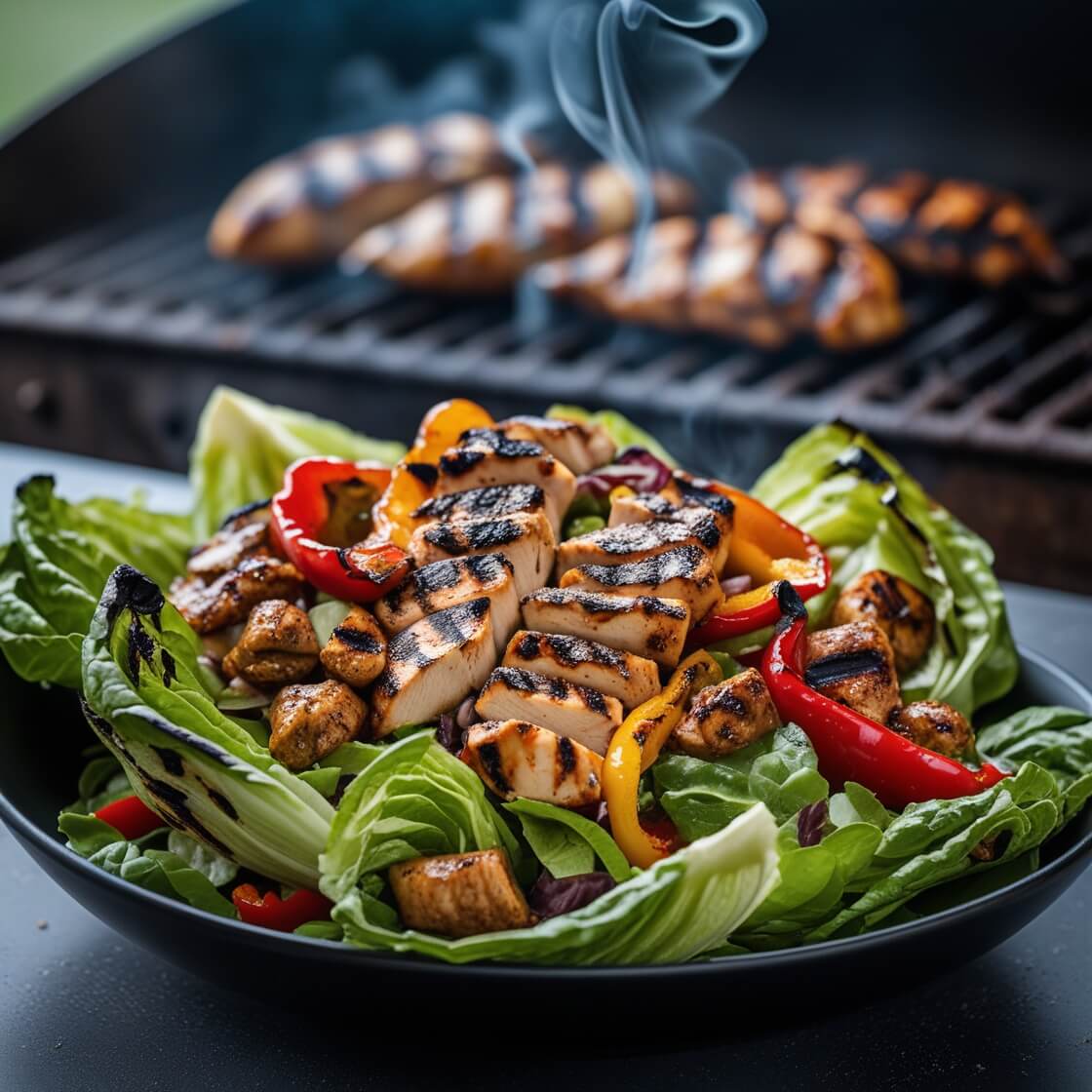 "Grilled Southwest Chicken Salad with charred romaine, chicken, and peppers, drizzled with chipotle vinaigrette.