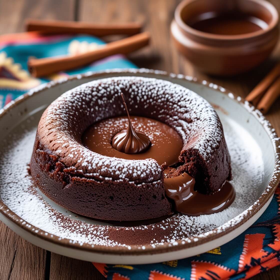 Southwest Chocolate Lava Cake with molten center, chili dust, and cinnamon on a rustic plate