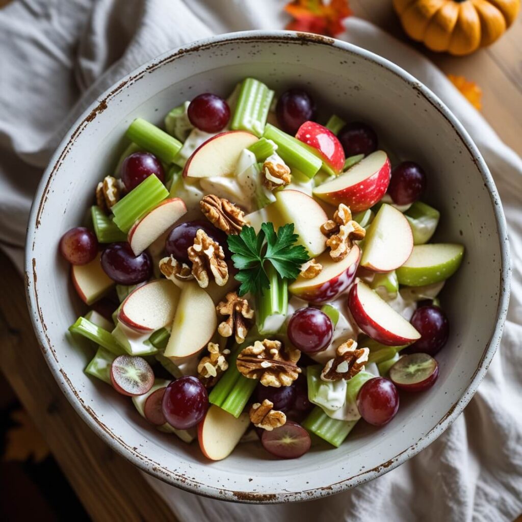 Overhead view of a classic Waldorf Salad with apples, celery, grapes, and walnuts in a creamy dressing, served in a white ceramic bowl.