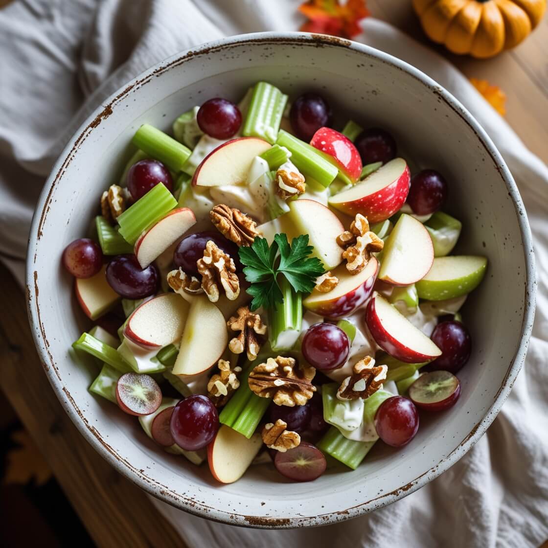 Overhead view of a classic Waldorf Salad with apples, celery, grapes, and walnuts in a creamy dressing, served in a white ceramic bowl.