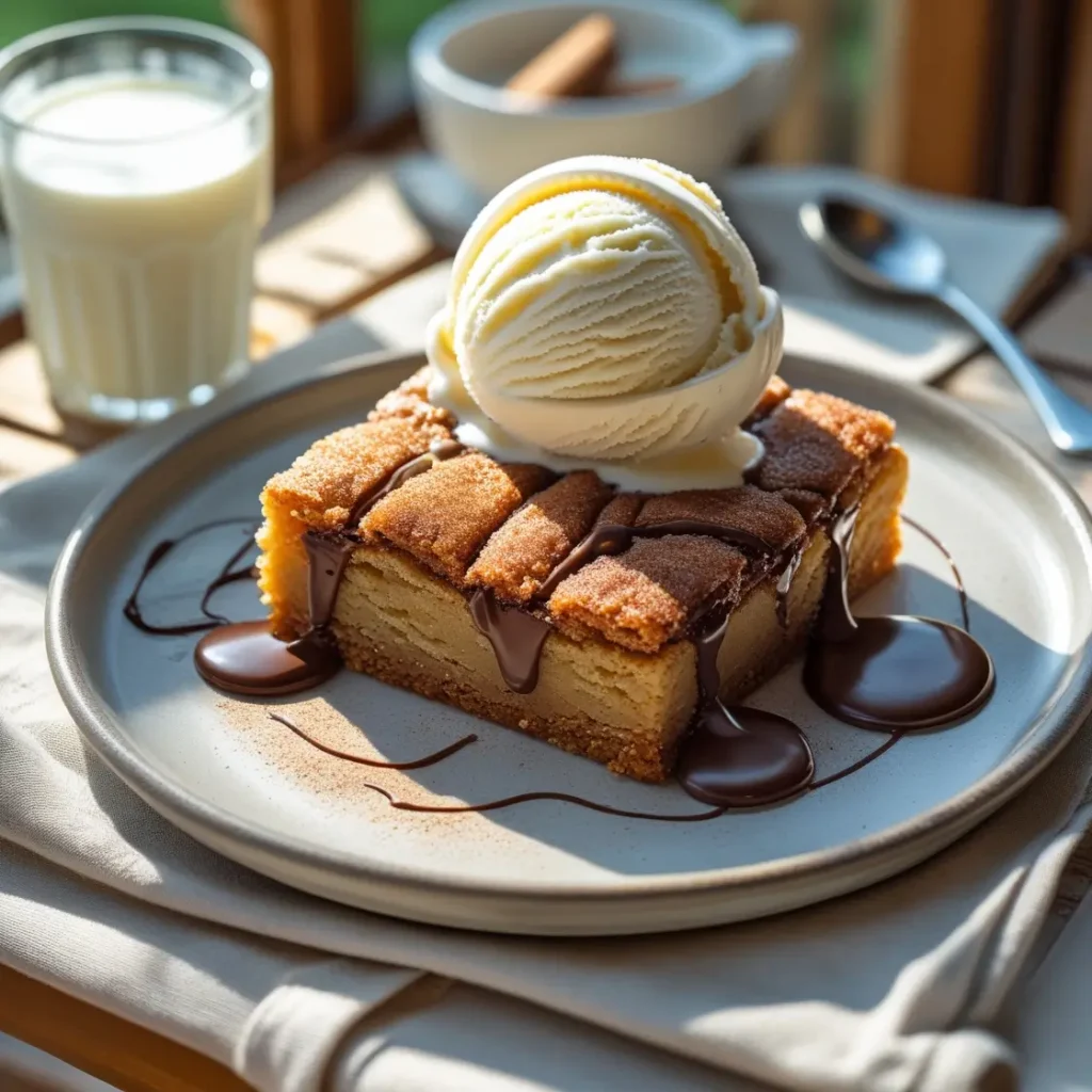 Snickerdoodle Blondies recipe with ice cream on a cozy table.