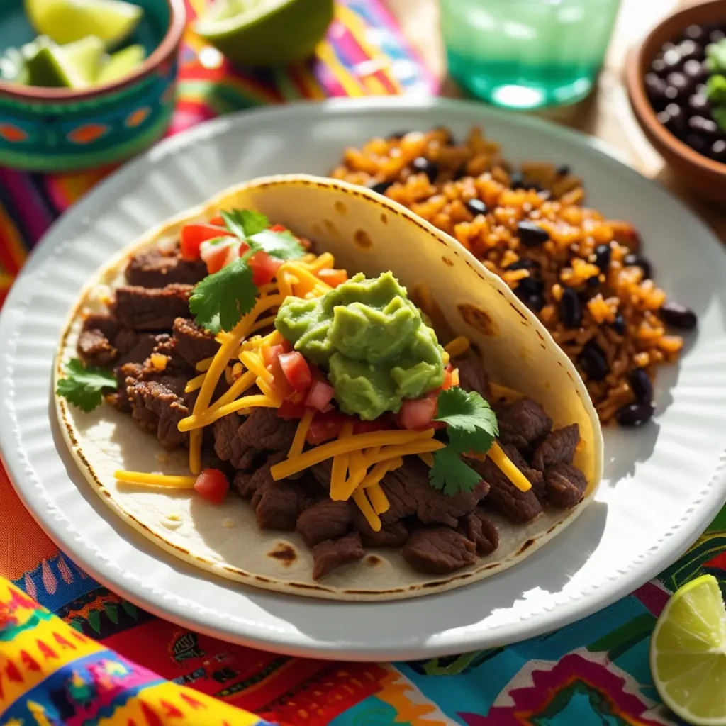 Quick beef tacos recipe on a plate with toppings, served with Mexican rice and agua fresca on a festive dining table.