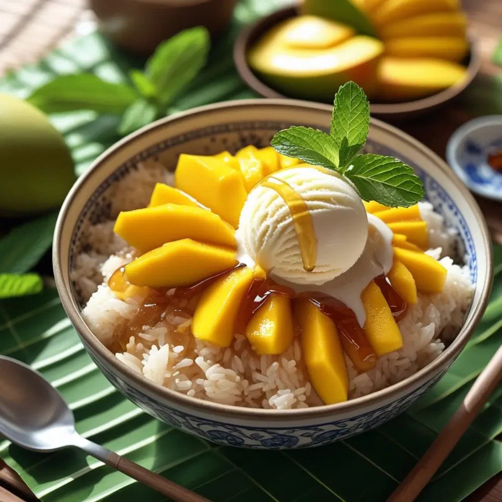 Mango sticky rice recipe serving with ice cream and honey in a bowl.