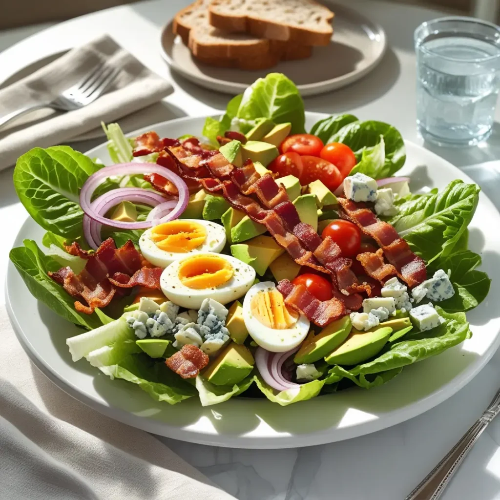 Healthy cobb salad with bacon recipe on a plate with bread, served with water on an elegant dining table.