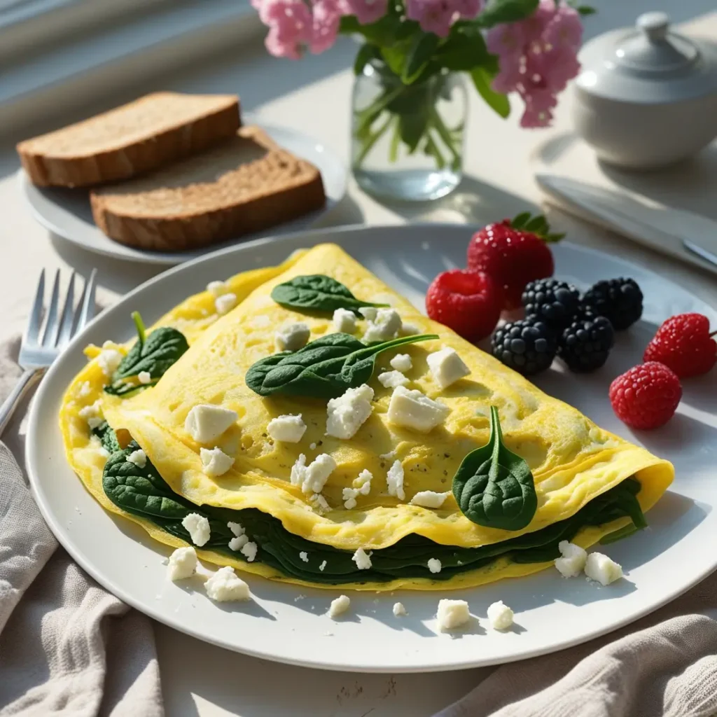 Fluffy omelette with spinach recipe on a plate with berries, served with toast on an elegant breakfast table.