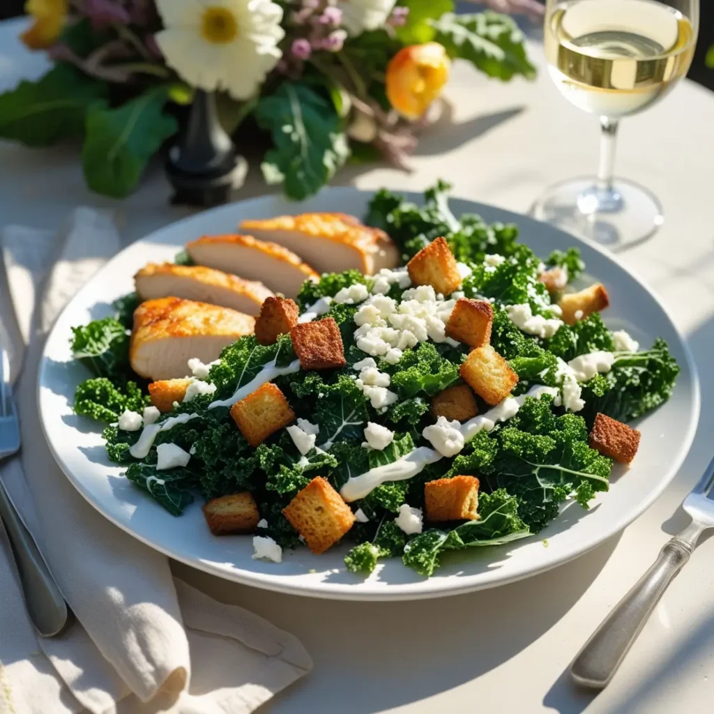 Healthy kale caesar salad recipe on a plate with chicken, served with wine on an elegant dining table.