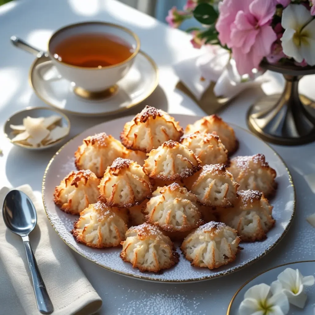 Chewy coconut macaroons recipe on a plate with tea, served with coconut flakes on an elegant dining table.