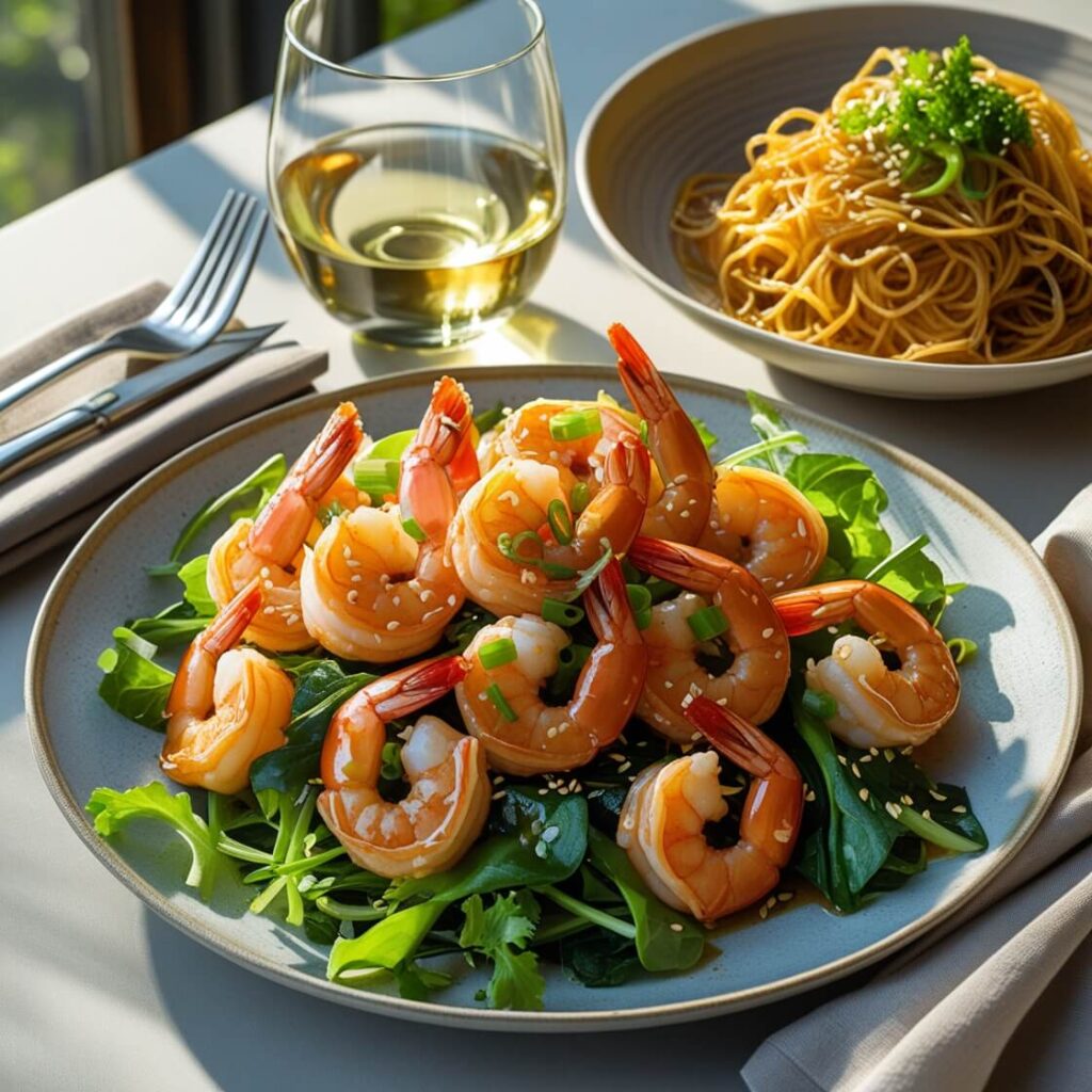 Sweet honey garlic shrimp recipe on greens with noodles, served with wine on an elegant dining table.
