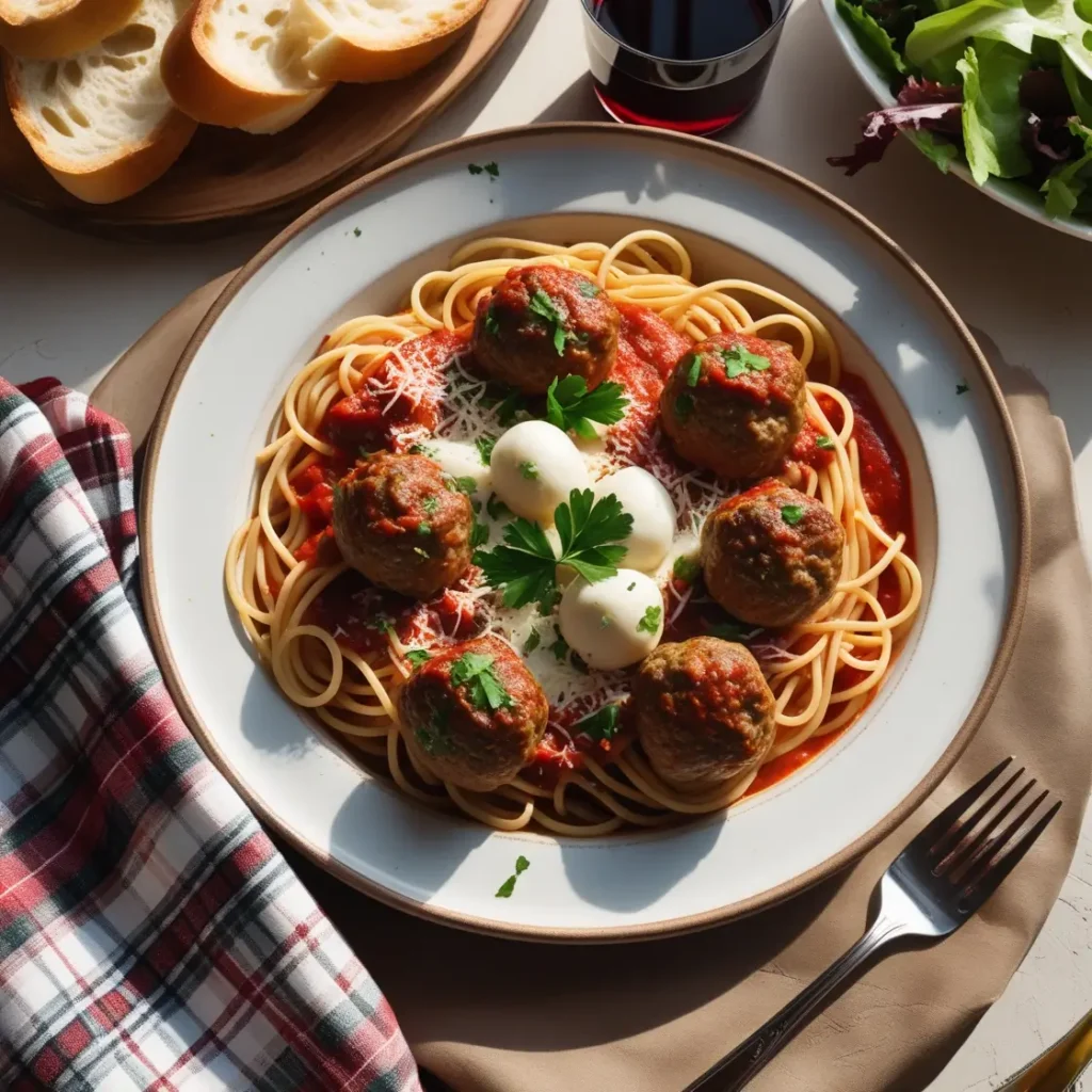 Turkey meatballs with pasta recipe with salad and garlic bread, served on a cozy dining table with wine.