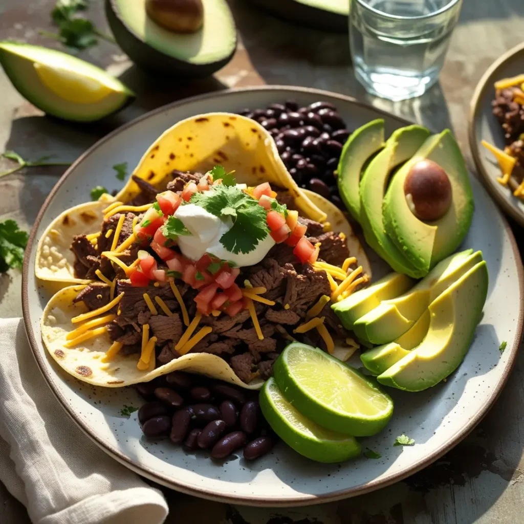 Taco salad with salsa recipe serving with avocado and beans on a plate.