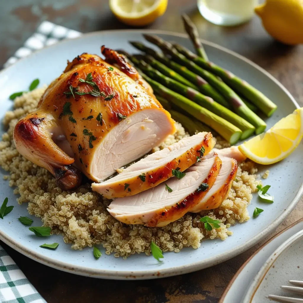Lemon herb chicken thighs recipe served with quinoa and asparagus on a dining table.