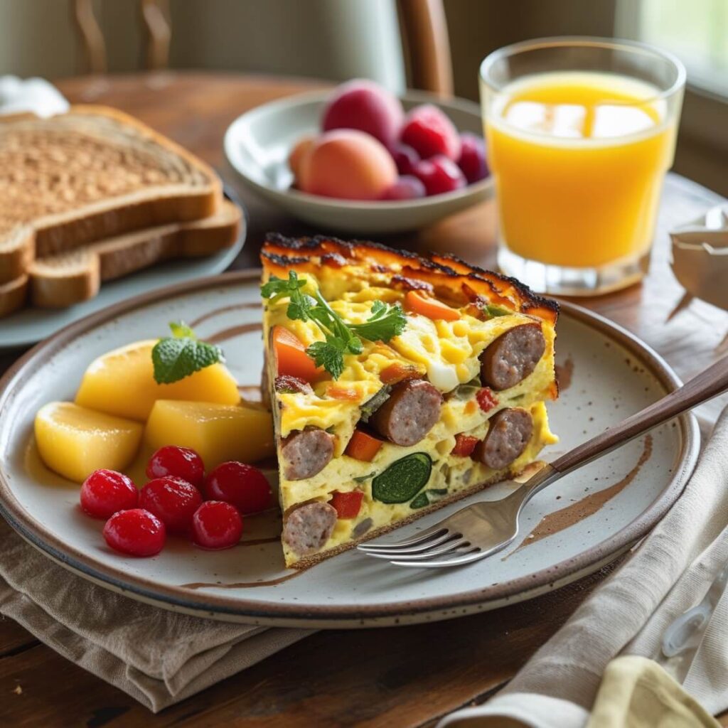 Breakfast casserole recipe slice with fruit and toast on a dining table.