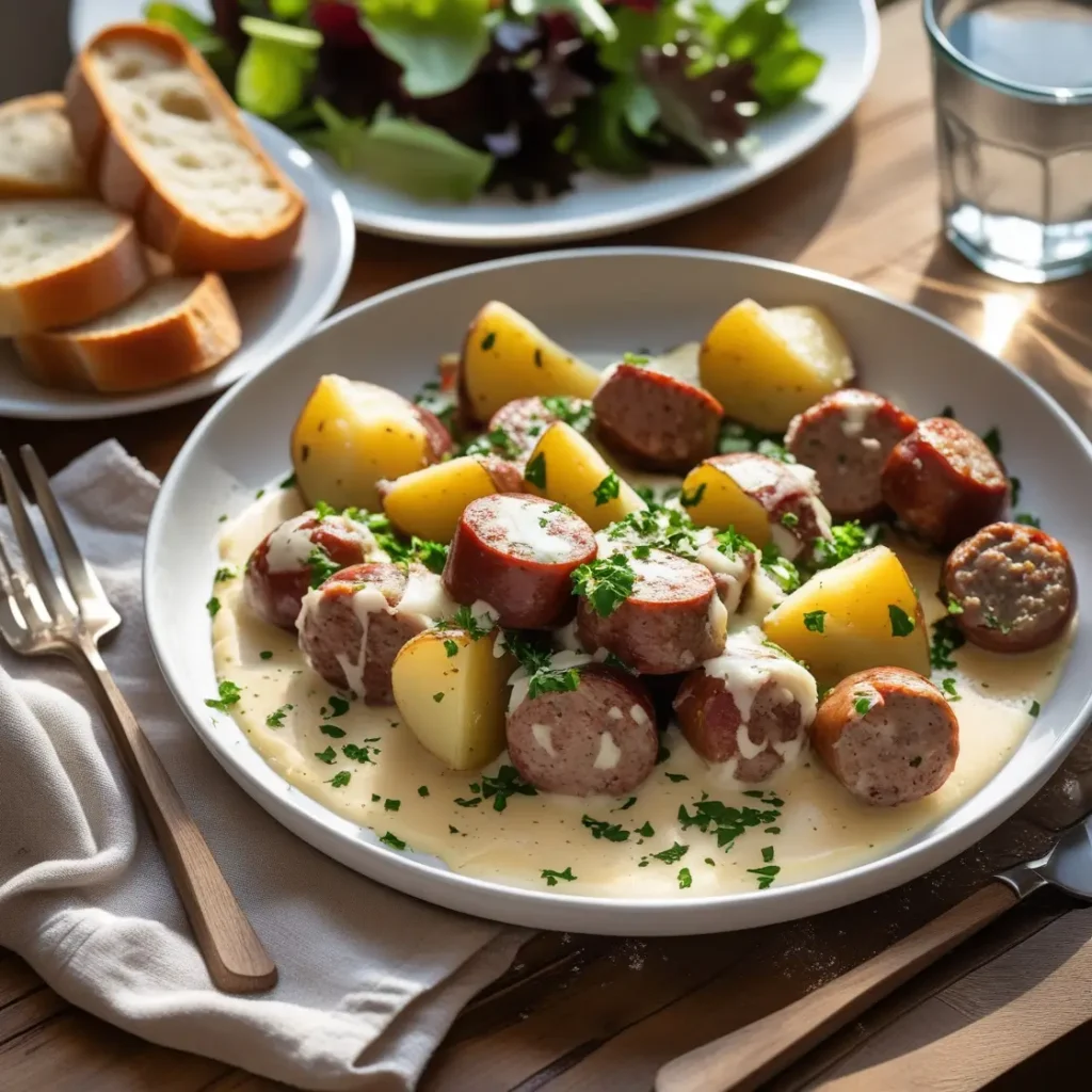 Hearty & flavorful sausage and potato bake recipe on a plate with salad, served with bread on a cozy dining table.