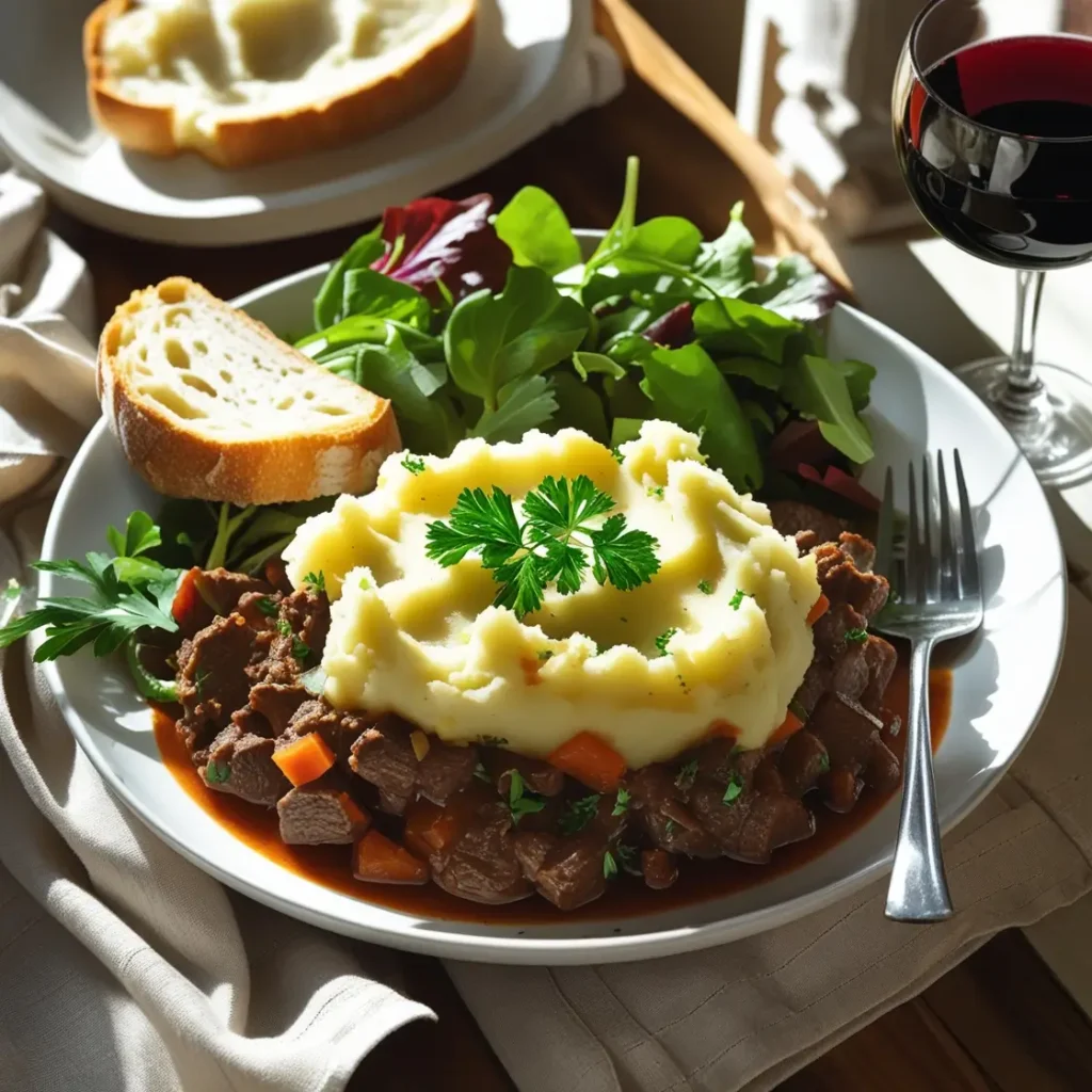 Easy shepherd’s pie recipe on a plate with beef and mashed potatoes, served with salad and bread on a cozy dining table.