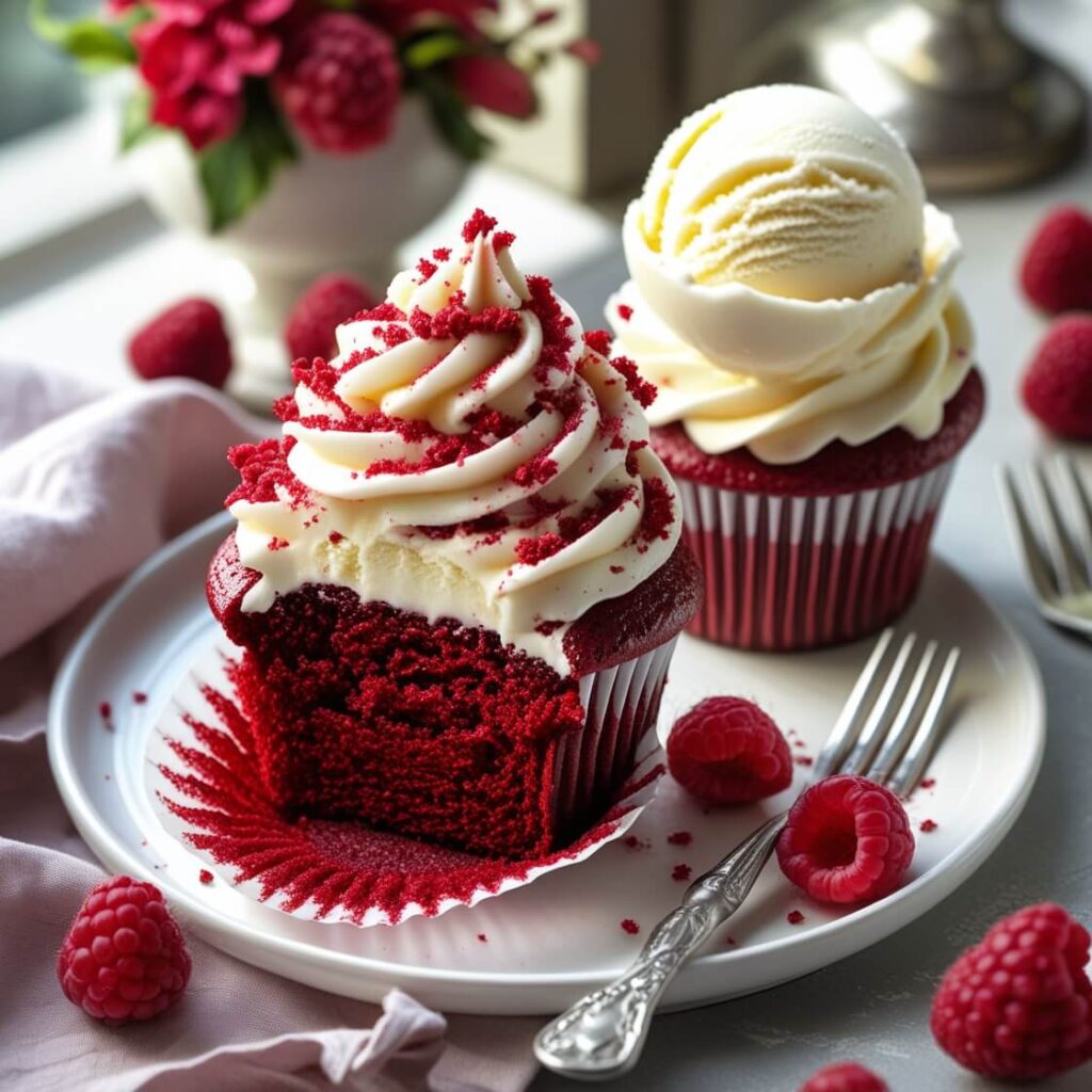 Moist red velvet cupcakes recipe on a plate with frosting and raspberries, served with ice cream on an elegant dessert table.