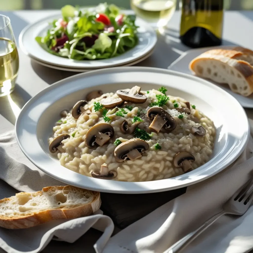 Creamy mushroom risotto recipe on a plate with salad, served with bread on an elegant dining table.