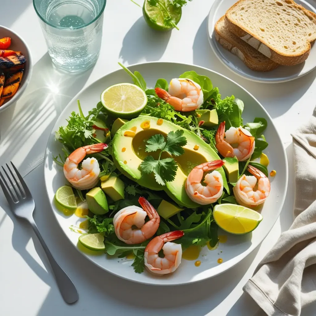 Quick shrimp and avocado salad recipe on a plate with vinaigrette, served with whole-grain bread and sparkling water on a bright dining table.