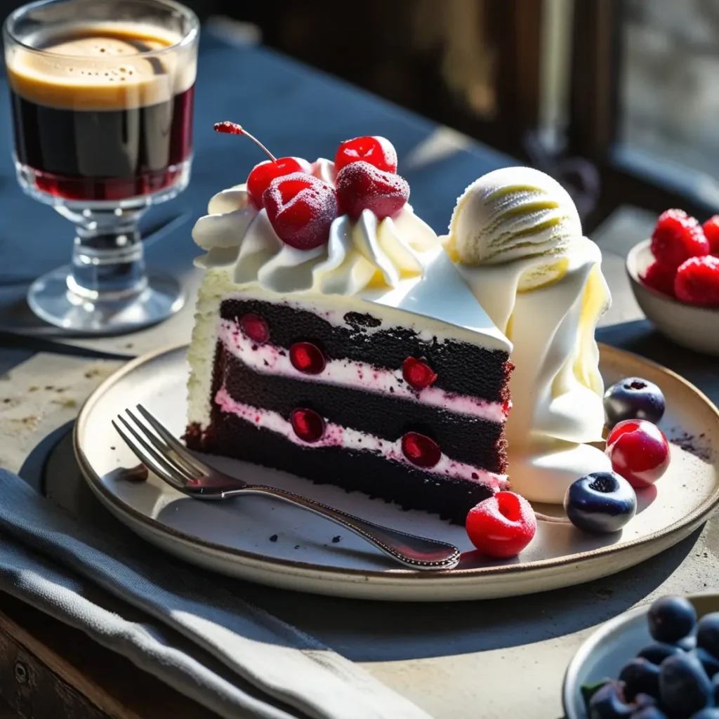 Black Forest Cake recipe slice with ice cream and berries on a plate.