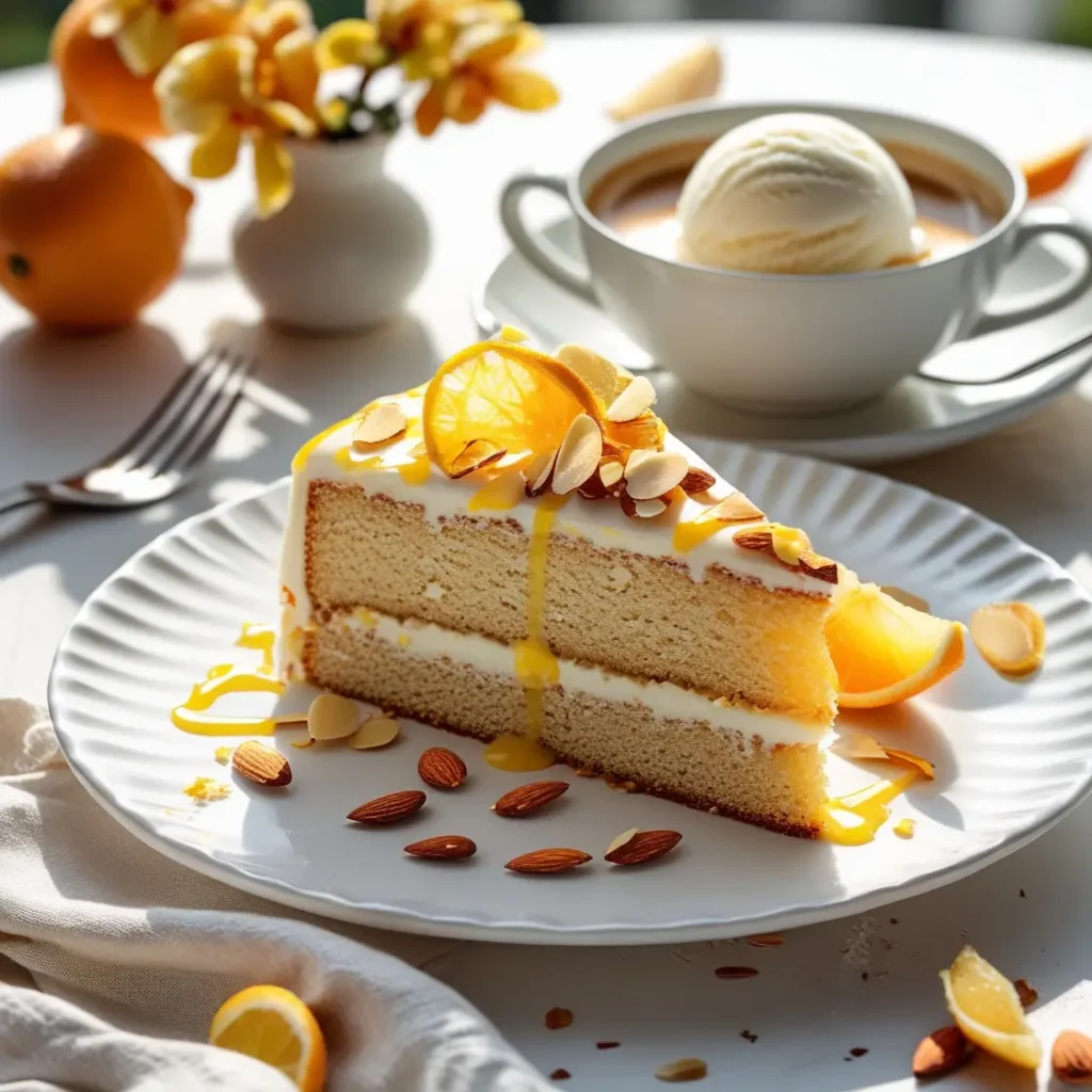 Almond citrus cake recipe slice with ice cream, served on an elegant dessert table.