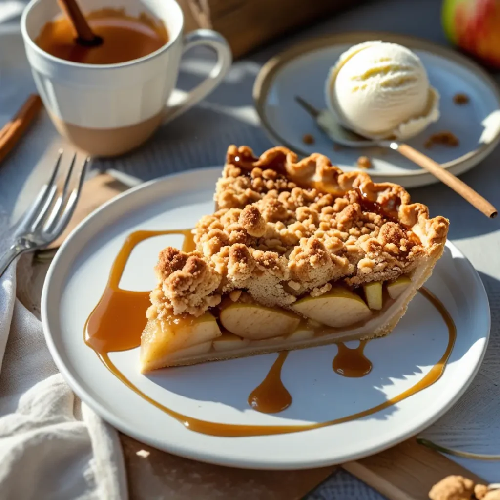 Classic apple crumble pie recipe slice on a plate with ice cream and caramel, served with cider on a cozy dessert table