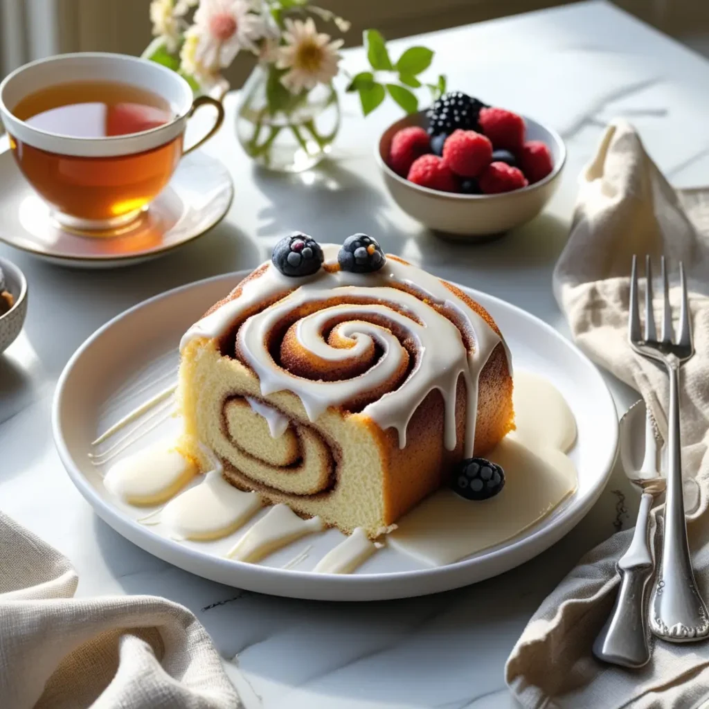 Cinnamon roll cake recipe slice on a plate with glaze, served with tea on an elegant breakfast table.