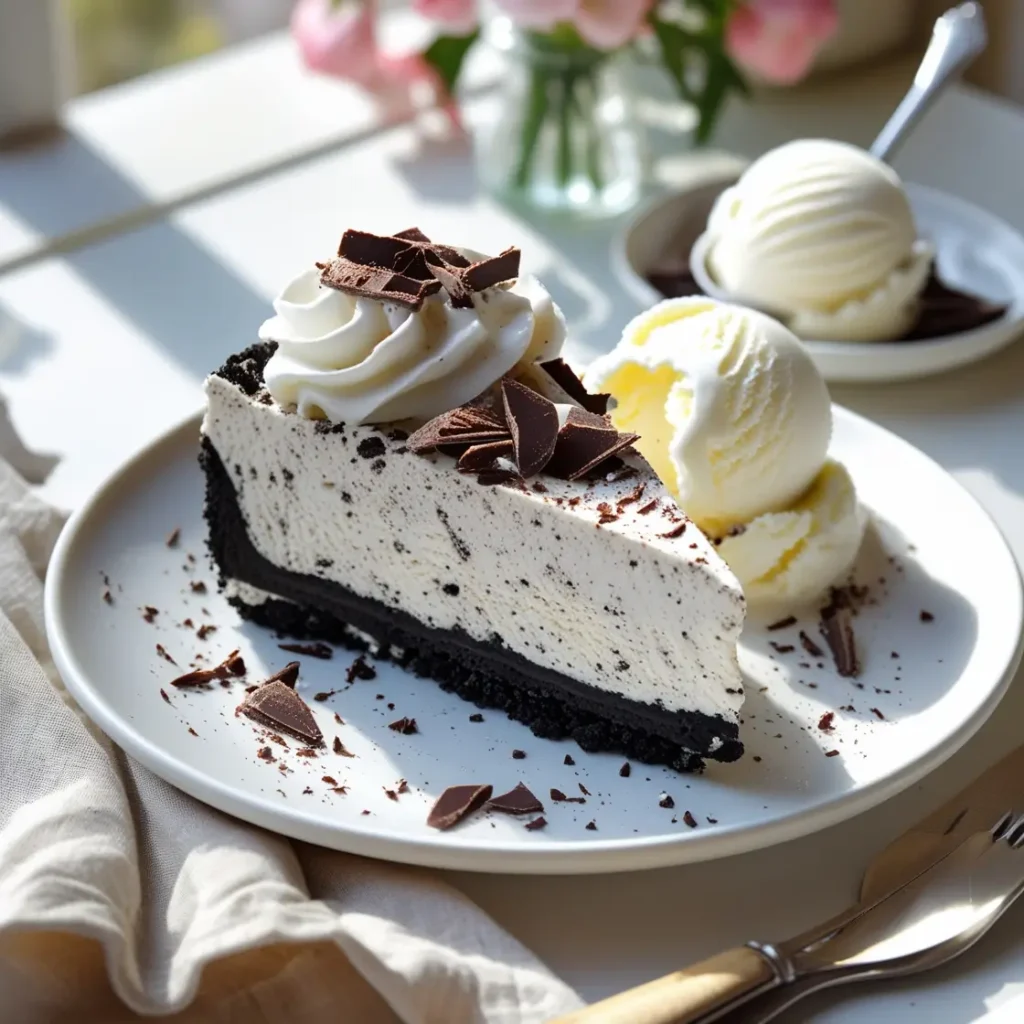 No-bake Oreo cheesecake recipe slice on a plate with ice cream, served on an elegant dessert table.