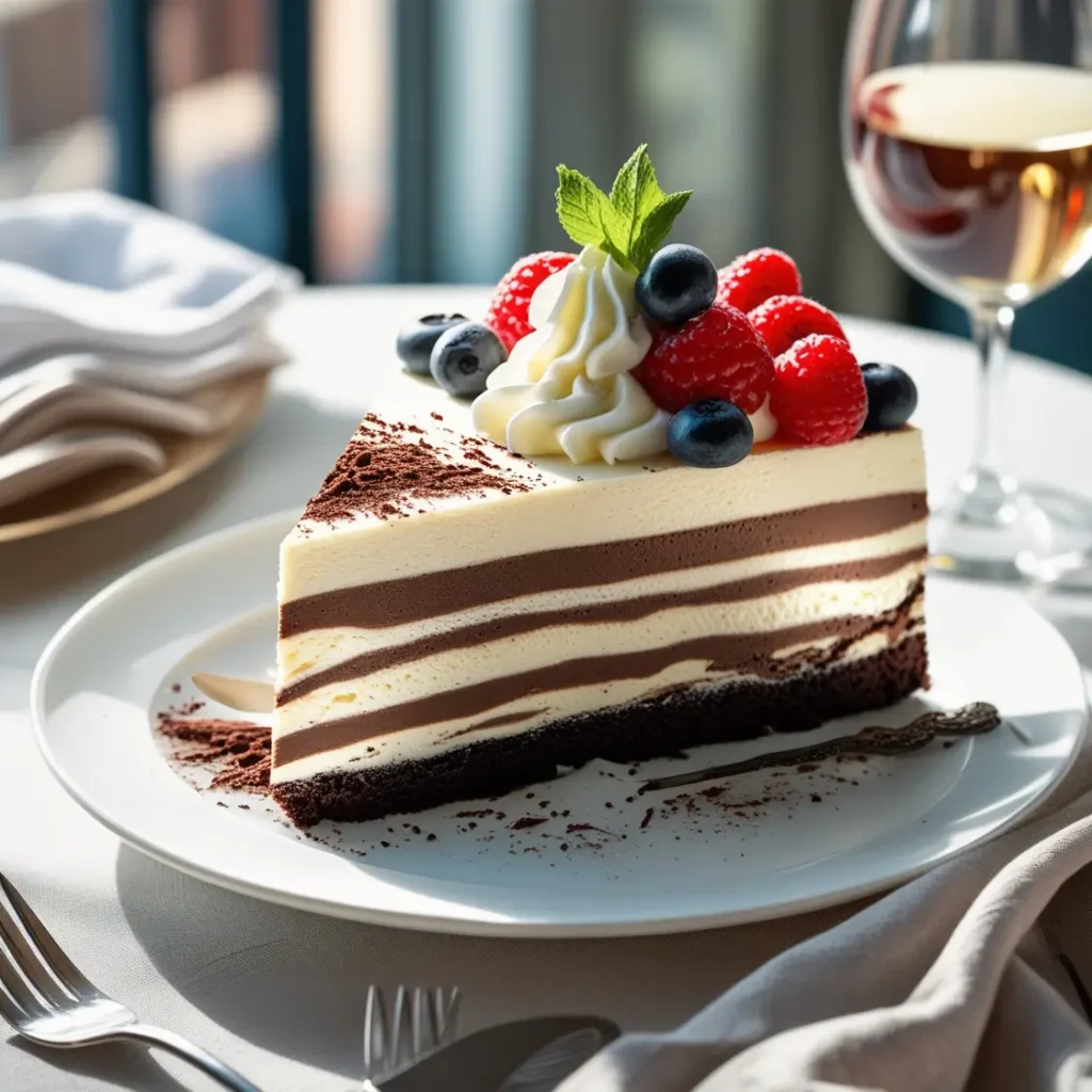 Triple chocolate mousse cake recipe slice on a plate with berries, served with whipped cream on an elegant dining table.