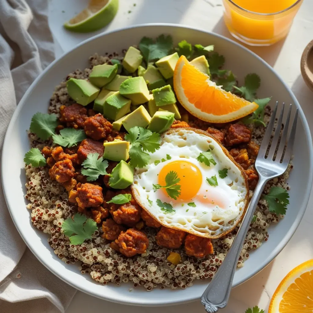Spicy chorizo breakfast bowl recipe on a plate with a fried egg, served with orange juice on a cozy breakfast table.