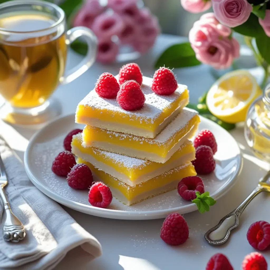 Lemon raspberry bars recipe on a plate with tea, served on an elegant dessert table.