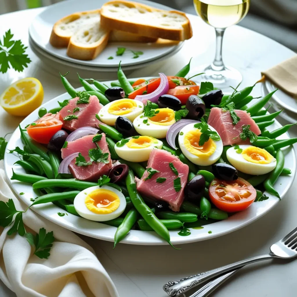 Easy tuna niçoise salad recipe on a platter with tuna and baguette, served with white wine on an elegant dining table.