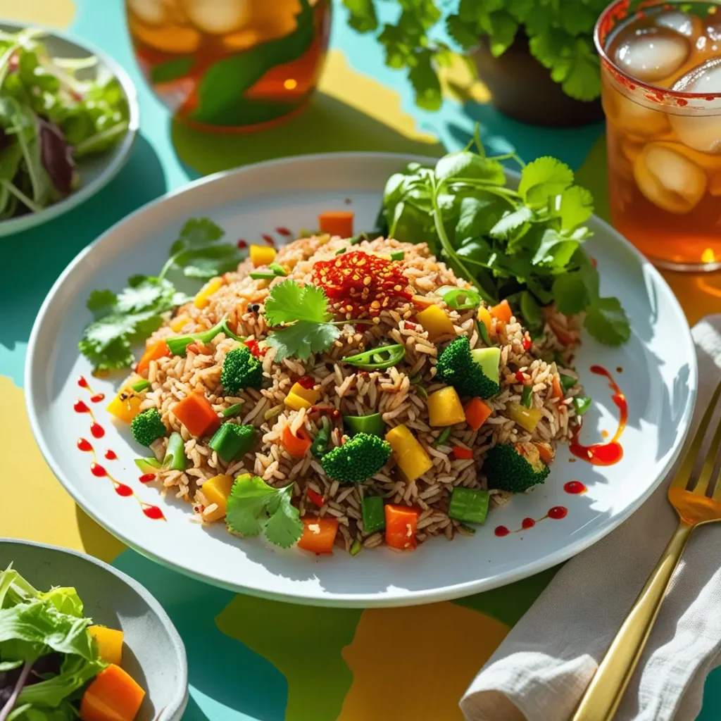 Healthy & flavorful veggie fried rice recipe on a plate with salad, served with sriracha on a vibrant dining table.