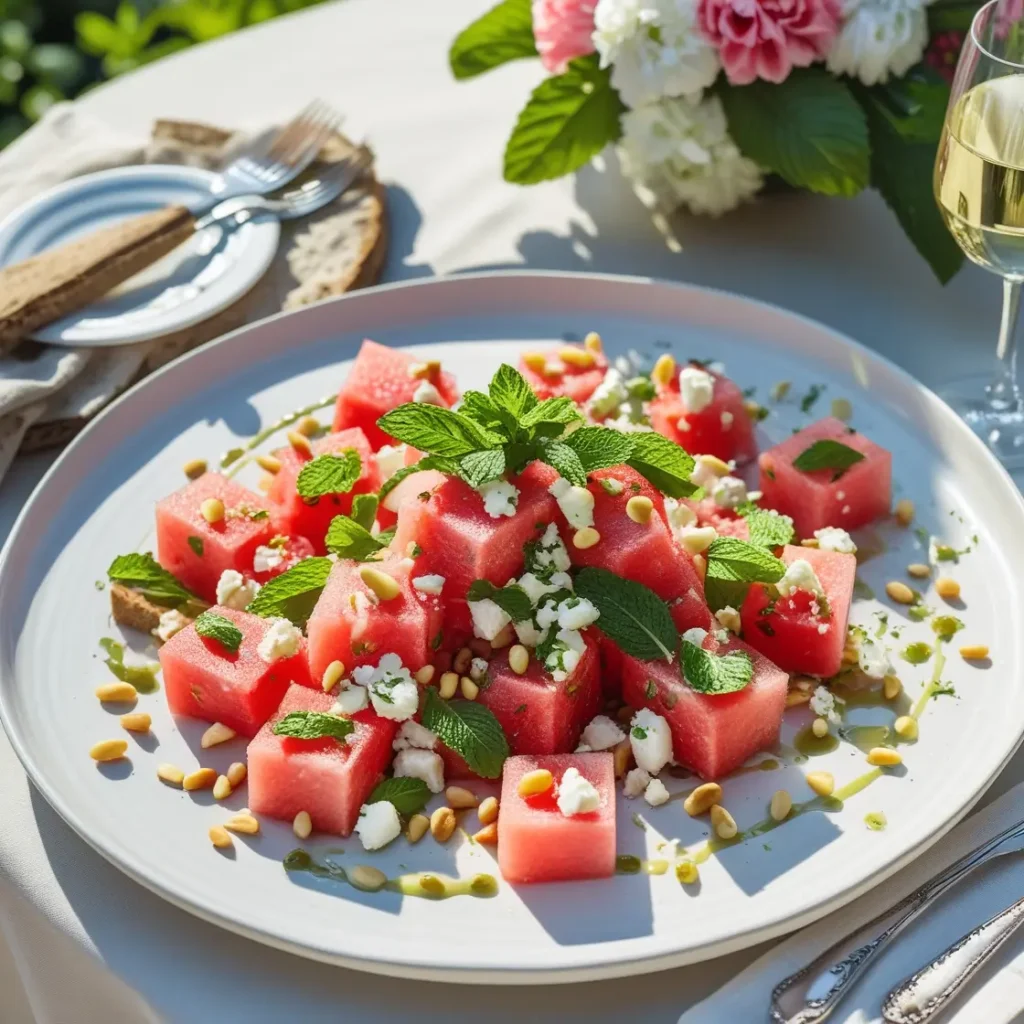 Watermelon feta mint salad recipe on a plate with bread, served with wine on an elegant outdoor table.