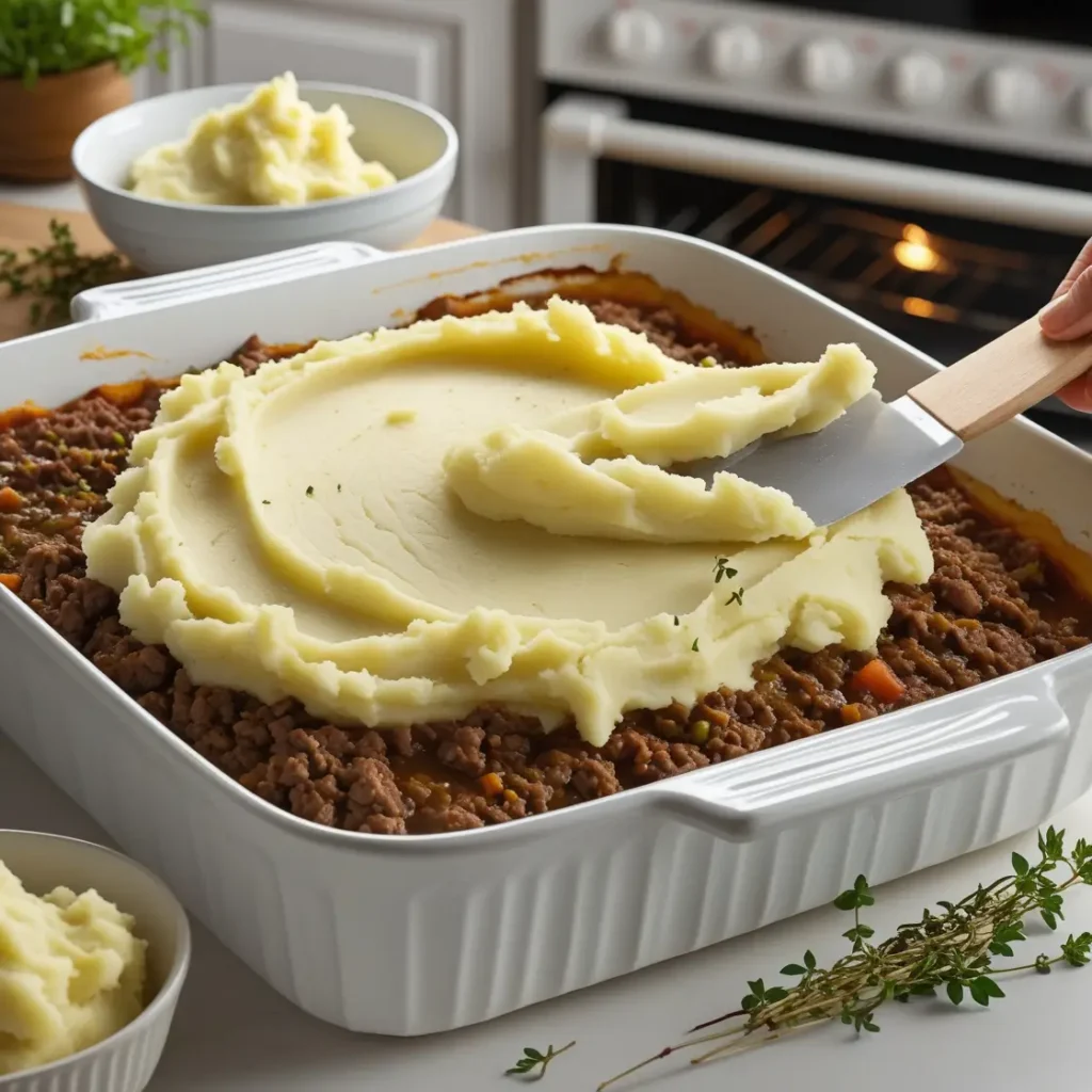 Assembling an easy shepherd’s pie recipe with beef and mashed potatoes, with thyme in the background of a white kitchen.
