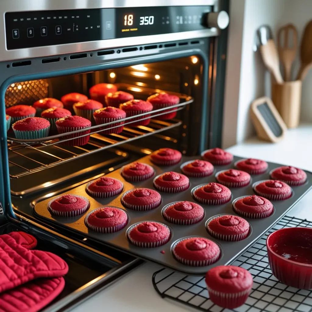 Baking moist red velvet cupcakes recipe in the oven, with a timer and cooling rack in the background of a white kitchen.