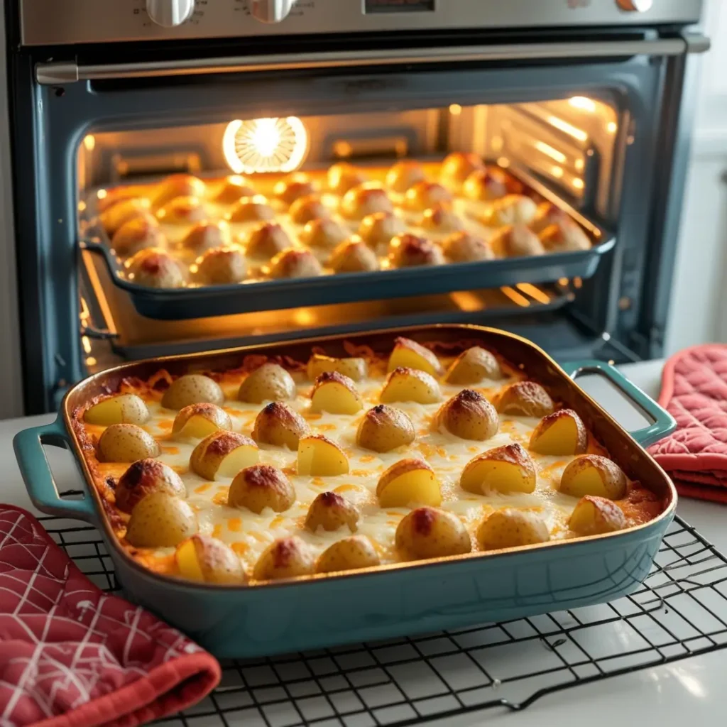 Baking a hearty & flavorful sausage and potato bake recipe, with a timer in the background of a white kitchen.