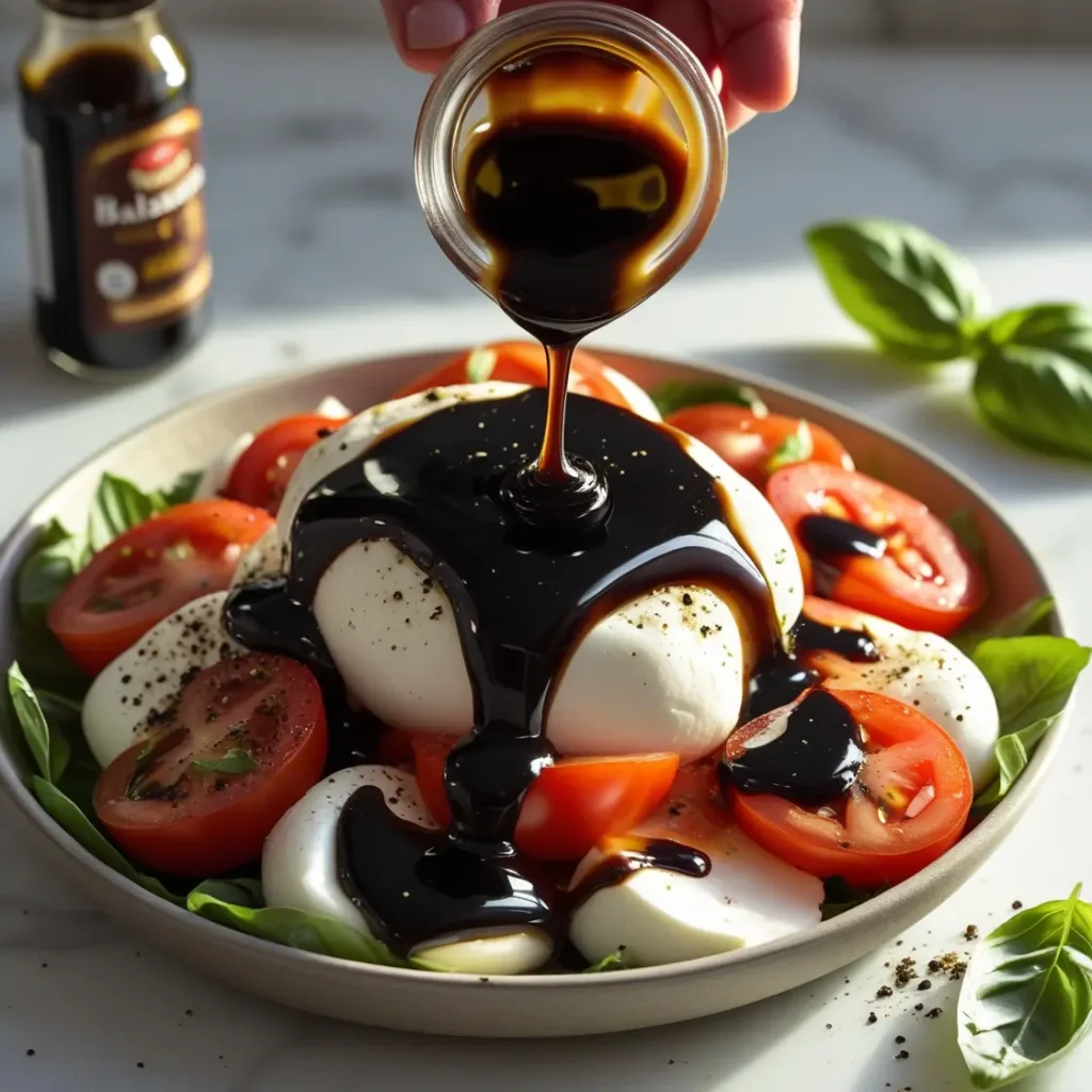 Drizzling balsamic glaze on an easy caprese salad with balsamic recipe, with pepper and basil in the background of a white kitchen.