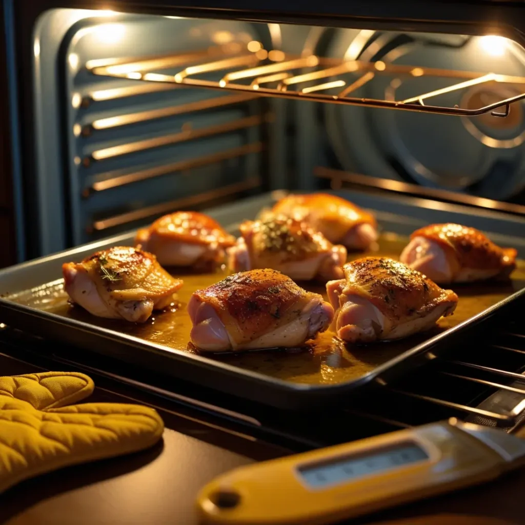 Roasting lemon herb chicken thighs recipe with golden-brown skin in the oven.